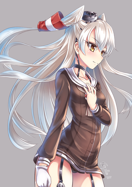 Anime picture 1000x1415 with kantai collection amatsukaze destroyer miyabi urumi single long hair tall image blush fringe light erotic simple background hair between eyes brown eyes signed looking away silver hair light smile wind grey background sparkle two side up