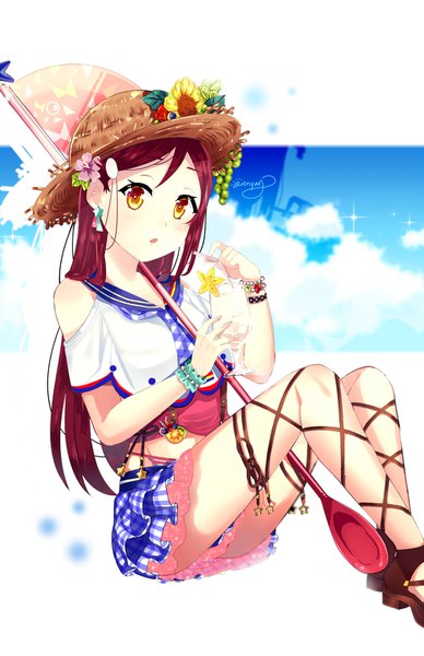 Anime picture 1000x1545 with love live! sunshine!! sunrise (studio) love live! sakurauchi riko aionyan single long hair tall image looking at viewer blush fringe open mouth light erotic hair between eyes sitting signed payot sky cloud (clouds) bent knee (knees)