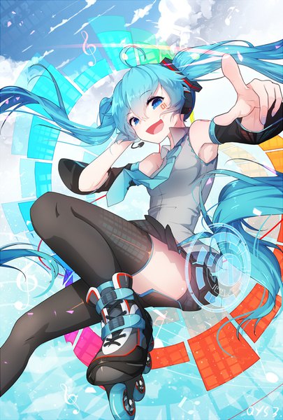 Anime-Bild 750x1109 mit vocaloid hatsune miku qys3 single tall image looking at viewer open mouth blue eyes light erotic smile twintails blue hair sky cloud (clouds) bent knee (knees) very long hair nail polish pleated skirt tattoo sleeveless