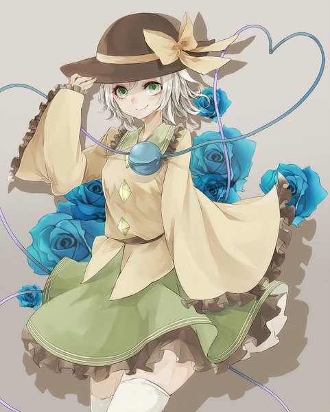 Anime picture 1526x1900 with touhou komeiji koishi neon (co2co8) single tall image looking at viewer short hair smile green eyes silver hair shadow girl thighhighs flower (flowers) ribbon (ribbons) hat white thighhighs hat ribbon