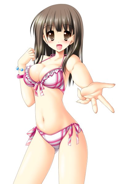 Anime picture 800x1200 with original kamiya tomoe single long hair tall image looking at viewer blush breasts open mouth light erotic black hair simple background white background brown eyes girl navel swimsuit bikini