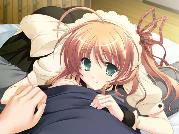 Anime picture 1600x1200 with tasogare no saki ni noboru ashita odawara hakone short hair blonde hair green eyes game cg maid one side up girl ribbon (ribbons) hair ribbon headdress maid headdress