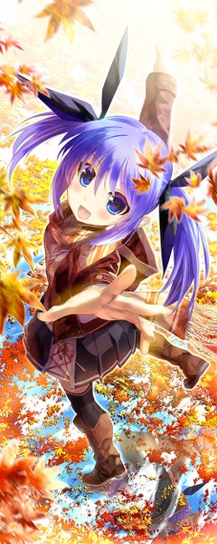 Anime picture 500x1250 with kiryuu takahisa single long hair tall image looking at viewer blush open mouth blue eyes twintails blue hair girl thighhighs skirt bow black thighhighs hair bow boots leaf (leaves) autumn leaves