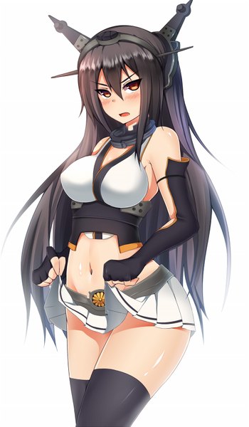 Anime picture 1025x1753 with kantai collection nagato battleship suteba (grzjkbhgf) single long hair tall image looking at viewer blush breasts open mouth light erotic black hair simple background red eyes white background bare shoulders midriff girl thighhighs navel