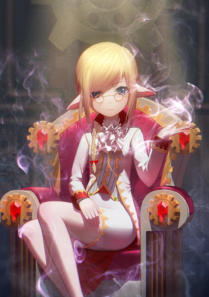 Anime picture 608x860 with original maredoro single tall image looking at viewer fringe short hair blue eyes blonde hair sitting braid (braids) light smile smoke elf aura girl bow hair bow glasses throne