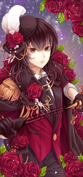 Anime picture 500x1059 with original z.na single long hair tall image looking at viewer black hair brown eyes wavy hair girl gloves flower (flowers) weapon sword rose (roses) feather (feathers)