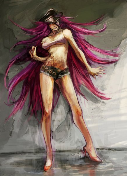 Anime picture 850x1168 with street fighter final fight capcom poison (final fight) fjordtrotter single long hair tall image light erotic simple background pink hair nail polish grey background bare belly midriff grey eyes girl shorts short shorts peaked cap