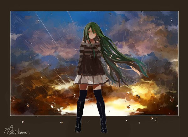 Anime picture 2000x1460 with original tokai kuma single long hair looking at viewer fringe highres hair between eyes standing green eyes signed sky cloud (clouds) full body very long hair green hair wind border evening sunset