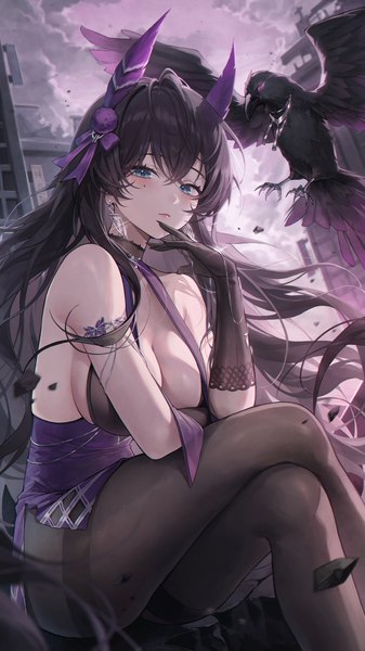 Anime picture 3240x5760 with goddess of victory: nikke harran (nikke) meoyo single long hair tall image looking at viewer blush fringe highres breasts blue eyes light erotic black hair hair between eyes large breasts sitting absurdres sky cloud (clouds)