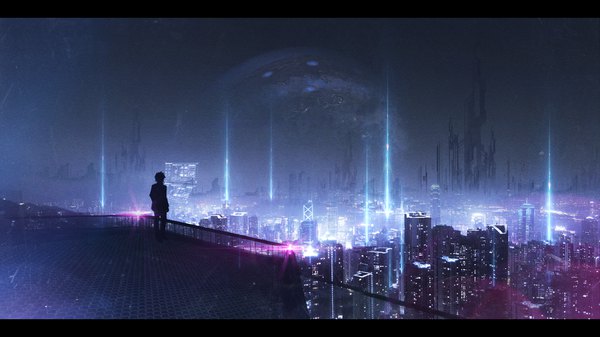 Anime picture 1920x1080 with original yoshimo (yoshiki qaws) single highres wide image standing sky outdoors from behind night night sky city letterboxed cityscape silhouette boy building (buildings) planet skyscraper