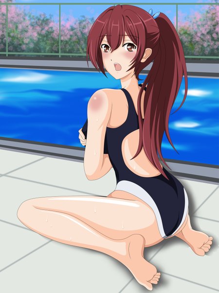 Anime picture 1200x1600 with free! kyoto animation matsuoka gou single long hair tall image looking at viewer blush open mouth light erotic brown eyes ponytail red hair girl swimsuit pool