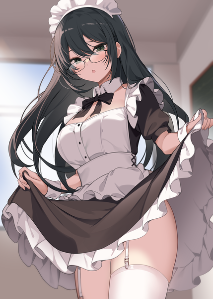 Anime picture 2591x3624 with original ikomochi single long hair tall image looking at viewer blush fringe highres open mouth light erotic black hair hair between eyes standing green eyes cleavage indoors :o short sleeves maid