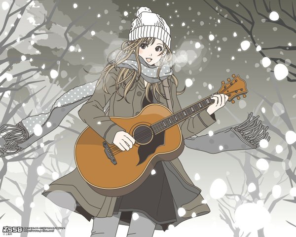 Anime picture 1280x1024 with single long hair blonde hair snowing winter snow girl plant (plants) hat tree (trees) scarf coat musical instrument guitar