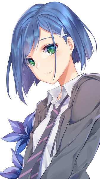 Anime picture 1973x3508 with darling in the franxx studio trigger ichigo (darling in the franxx) 5plus single tall image looking at viewer blush highres short hair simple background white background green eyes blue hair upper body open jacket girl necktie jacket hairclip