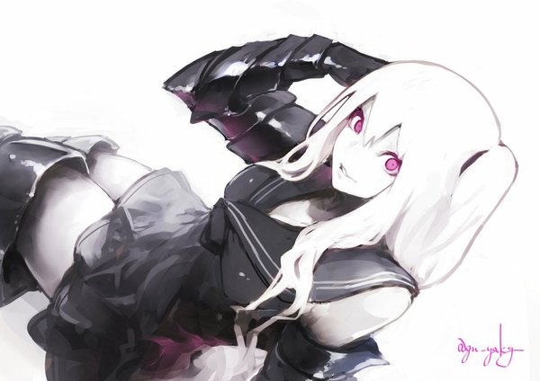 Anime picture 990x700 with kantai collection armored aircraft carrier oni kyouya (mukuro238) single long hair looking at viewer fringe breasts simple background white background purple eyes signed white hair parted lips looking back arm up light smile from above midriff zettai ryouiki