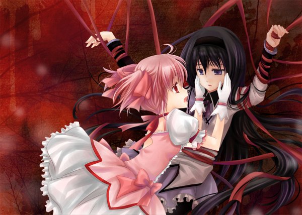 Anime picture 1200x857 with mahou shoujo madoka magica shaft (studio) akemi homura kaname madoka ishika long hair short hair black hair red eyes purple eyes multiple girls pink hair ahoge bondage girl ribbon (ribbons) 2 girls hairband