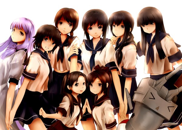 Anime picture 4200x3000 with kantai collection rensouhou-chan murakumo destroyer fubuki destroyer hatsuyuki destroyer shikinami destroyer ayanami destroyer shirayuki destroyer isonami destroyer miyuki destroyer cowinsky long hair looking at viewer highres short hair black hair simple background smile brown hair white background