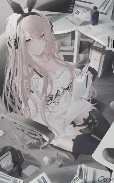 Anime picture 1067x1713 with original nroy- single long hair tall image looking at viewer blush fringe breasts hair between eyes sitting holding signed payot cleavage indoors long sleeves from above grey hair off shoulder