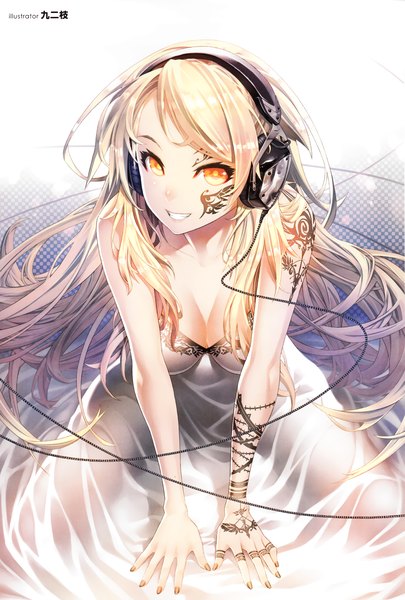 Anime picture 3797x5616 with original kunieda single long hair tall image looking at viewer highres breasts blonde hair smile sitting bare shoulders yellow eyes absurdres very long hair tattoo girl dress headphones wire (wires)