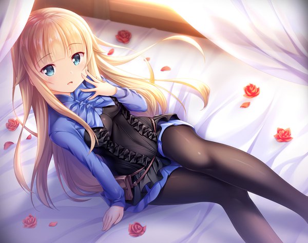 Anime picture 1300x1028 with princess principal princess (princess principal) yuurei yashiki single long hair looking at viewer blush fringe breasts open mouth blue eyes blonde hair sitting indoors blunt bangs head tilt pleated skirt from above sunlight arm support