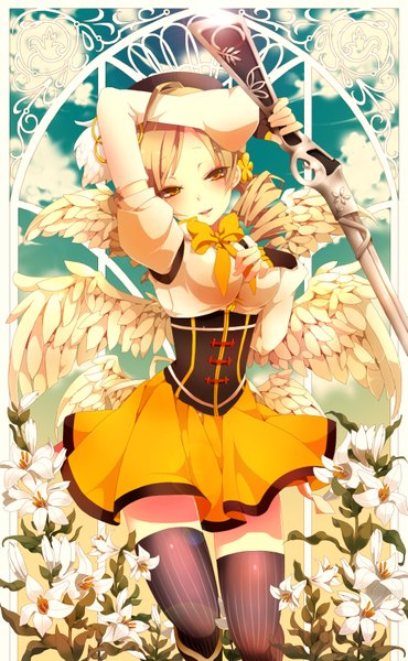 Anime picture 1037x1679 with mahou shoujo madoka magica shaft (studio) tomoe mami utaoka (23com) single long hair tall image looking at viewer blush blonde hair twintails yellow eyes sky cloud (clouds) ahoge puffy sleeves drill hair girl thighhighs gloves