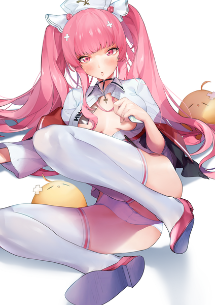 Anime picture 992x1404 with azur lane manjuu (azur lane) perseus (azur lane) perseus (nursery service time) (azur lane) gli single long hair tall image looking at viewer blush fringe breasts open mouth light erotic simple background large breasts white background twintails holding payot