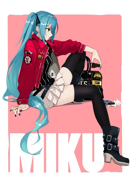 Anime picture 1571x2173 with vocaloid hatsune miku realmbw single tall image simple background sitting twintails green eyes payot very long hair nail polish profile pleated skirt aqua hair arm support open jacket alternate costume zettai ryouiki character names