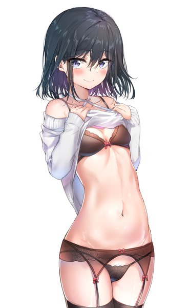 Anime picture 1832x2980 with masamune-kun no revenge silver link adagaki aki nyung single tall image looking at viewer blush fringe highres short hair breasts blue eyes light erotic black hair simple background smile standing white background payot