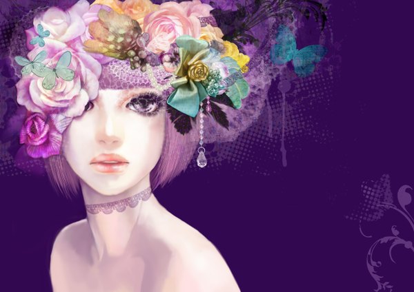 Anime picture 2480x1754 with original piyograph single highres short hair bare shoulders pink hair pink eyes hair flower girl hair ornament flower (flowers) bow hair bow choker insect butterfly jewelry feather (feathers)