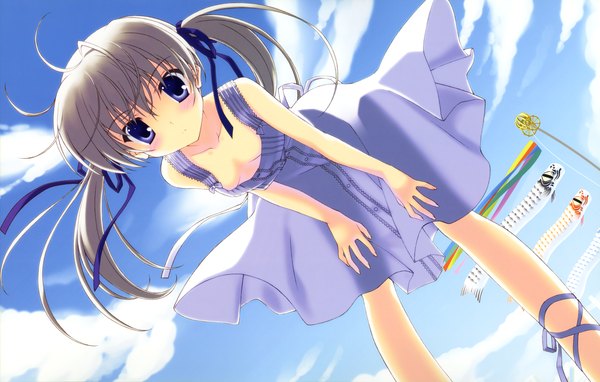 Anime picture 4949x3159 with calendar girl nanao naru single long hair looking at viewer blush highres blue eyes light erotic twintails absurdres sky cloud (clouds) grey hair scan girl ribbon (ribbons) hair ribbon sundress