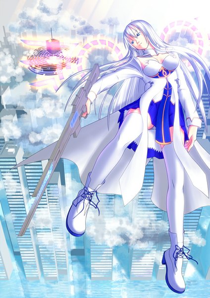 Anime picture 723x1023 with original nazu-na long hair tall image blue eyes white hair city girl thighhighs dress weapon white thighhighs shoes gun building (buildings)