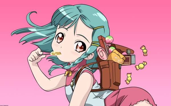Anime picture 1920x1200 with simoun rimone negativezero single long hair looking at viewer highres red eyes wide image braid (braids) aqua hair gradient background pink background eating vector girl food sweets candy lollipop