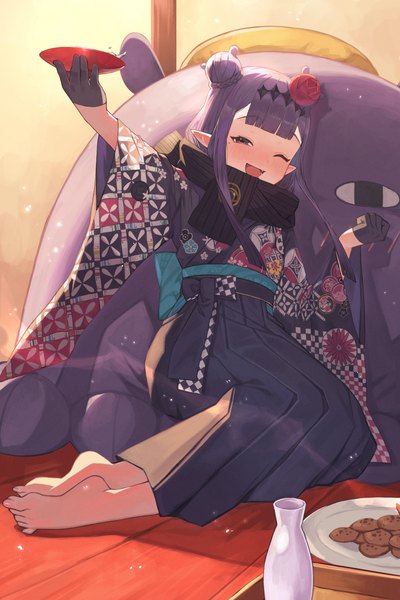 Anime picture 2898x4344 with virtual youtuber hololive hololive english ninomae ina'nis takodachi (ninomae ina'nis) kiwwwwwi single long hair tall image looking at viewer blush fringe highres open mouth smile purple eyes holding payot purple hair bent knee (knees)