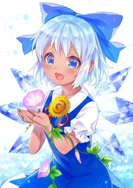 Anime picture 900x1271 with touhou hidden star in four seasons cirno tanned cirno neme single tall image blush short hair open mouth blue eyes blue hair fang (fangs) puffy sleeves tan girl dress flower (flowers) bow hair bow