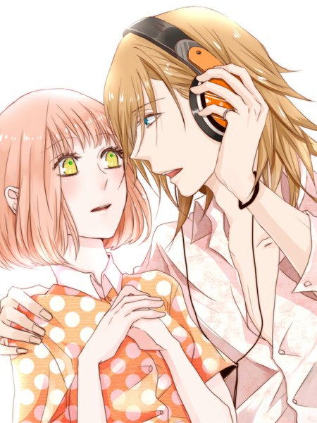 Anime picture 840x1120 with uta no prince-sama a-1 pictures jinguji ren nanami haruka (uta no prince-sama) soul brother (artist) tall image blush short hair blue eyes simple background blonde hair brown hair white background holding yellow eyes pink hair couple hug face to face polka dot