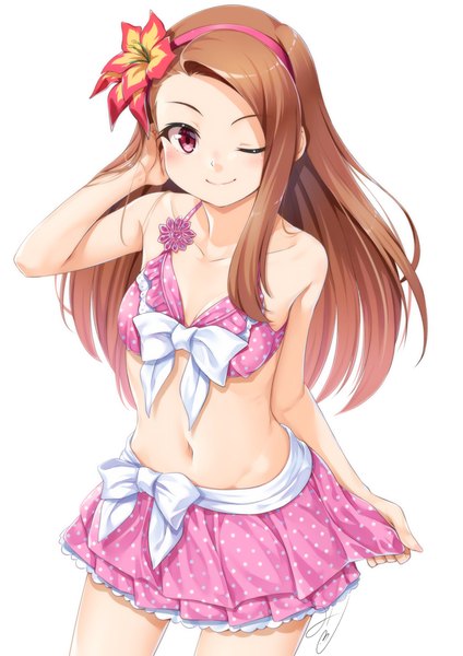 Anime picture 827x1169 with idolmaster minase iori miri (ago550421) single long hair tall image looking at viewer blush light erotic simple background smile red eyes brown hair white background bare shoulders signed one eye closed hair flower wink bare belly