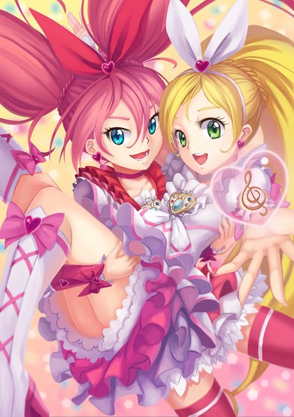 Anime picture 1024x1453 with precure suite precure toei animation houjou hibiki minamino kanade cure melody cure rhythm majicjiang long hair tall image open mouth blue eyes blonde hair smile twintails multiple girls green eyes pink hair girl dress