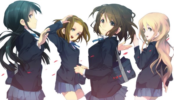 Anime picture 1302x750 with k-on! kyoto animation akiyama mio hirasawa yui kotobuki tsumugi tainaka ritsu bunkyo takemi long hair short hair open mouth blue eyes black hair blonde hair smile brown hair wide image white background multiple girls brown eyes profile