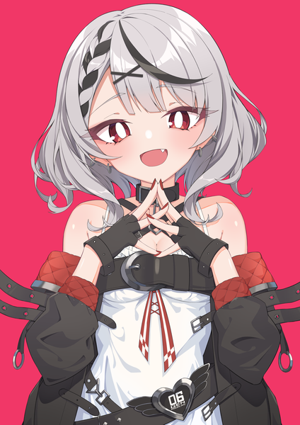 Anime picture 2481x3508 with virtual youtuber hololive sakamata chloe sakamata chloe (1st costume) quarterlift single tall image looking at viewer highres short hair open mouth simple background red eyes silver hair upper body head tilt :d multicolored hair fang (fangs) streaked hair