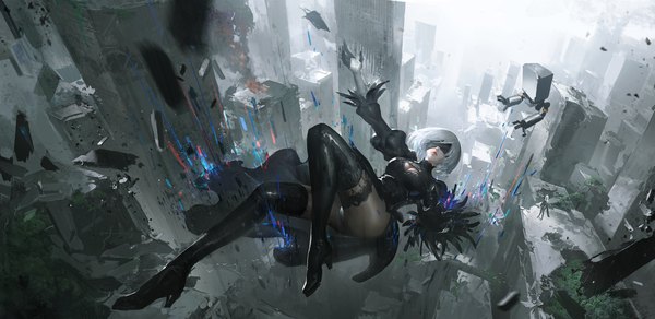 Anime-Bild 5000x2434 mit nier nier:automata yorha no. 2 type b pod (nier:automata) leo-dont-want-to-be-a-painter single fringe highres short hair breasts light erotic wide image absurdres full body bent knee (knees) outdoors white hair realistic high heels city