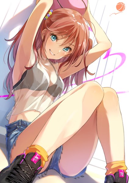 Anime picture 877x1241 with original zattape single long hair tall image looking at viewer blush fringe breasts light erotic smile hair between eyes sitting holding payot cleavage ahoge aqua eyes orange hair arms up