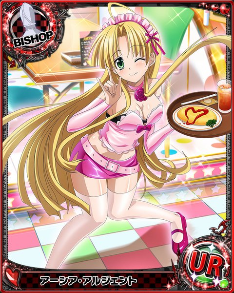 Anime picture 640x800 with highschool dxd asia argento single long hair tall image blush light erotic blonde hair smile green eyes one eye closed wink card (medium) girl thighhighs skirt detached sleeves miniskirt white thighhighs headdress