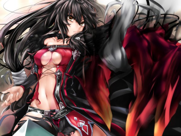 Anime picture 2650x2000 with tales of (series) tales of berseria velvet crowe shishin (shishintei) single long hair fringe highres breasts light erotic black hair hair between eyes yellow eyes looking away cleavage bare belly floating hair torn clothes underboob low ponytail