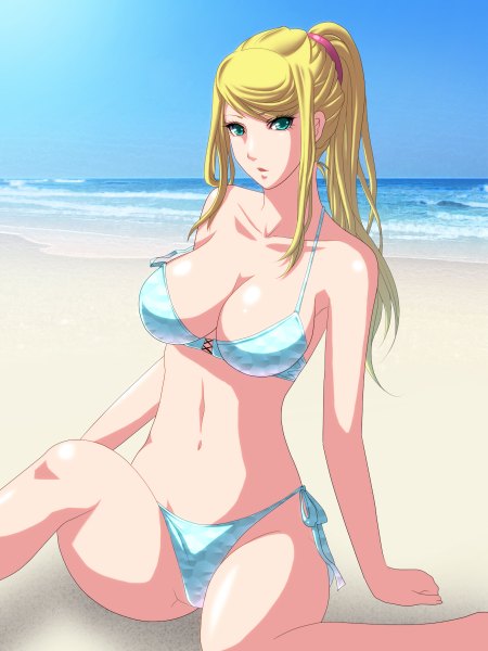 Anime picture 900x1200 with metroid samus aran kuroma (atapi) single long hair tall image looking at viewer breasts blue eyes light erotic blonde hair sky ponytail beach girl navel swimsuit bikini sea