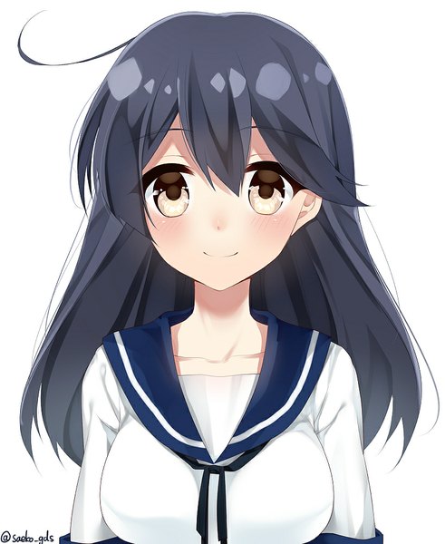 Anime picture 819x1000 with kantai collection ushio destroyer saeko gds single long hair tall image looking at viewer blush fringe breasts black hair simple background smile large breasts white background brown eyes signed ahoge portrait girl