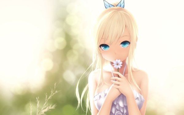 Anime picture 1920x1200 with boku wa tomodachi ga sukunai kashiwazaki sena cait single long hair looking at viewer highres blue eyes blonde hair wide image bare shoulders ponytail cropped girl hair ornament flower (flowers) sundress butterfly hair ornament