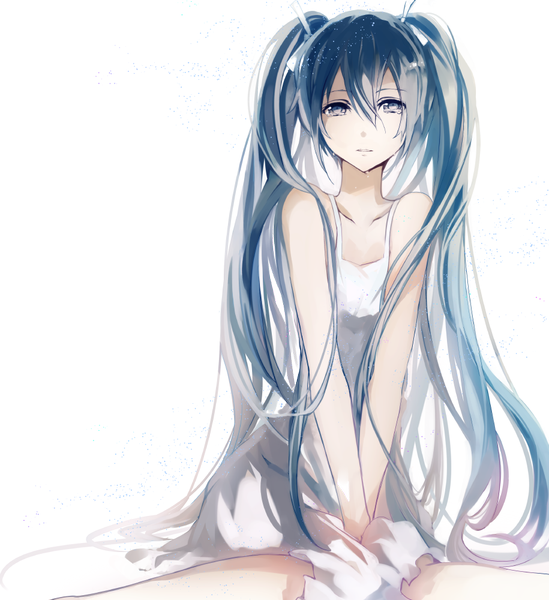 Anime picture 915x1000 with vocaloid hatsune miku jianmo sl single long hair tall image looking at viewer fringe simple background white background sitting twintails aqua eyes aqua hair alternate costume tears girl dress sundress
