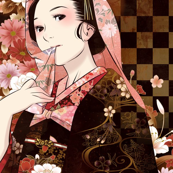 Аниме картинка 2000x2000 с оригинальное изображение hino kahoru один (одна) смотрит на зрителя высокое разрешение чёрные волосы японская одежда чёрные глаза шахматный фон девушка цветок (цветы) кимоно