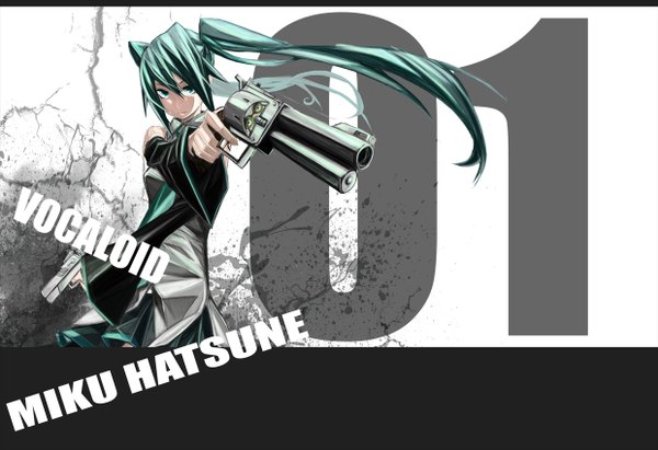 Anime picture 2480x1700 with vocaloid hatsune miku highres twintails very long hair aqua eyes aqua hair inscription crossed arms girl ribbon (ribbons) weapon hair ribbon detached sleeves gun pistol