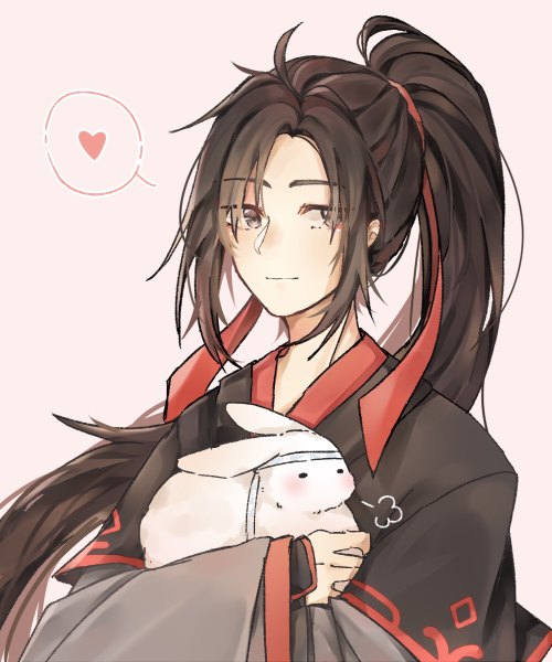 Anime picture 1000x1200 with mo dao zu shi wei wuxian lan wangji bing yue single long hair tall image looking at viewer black hair simple background holding payot upper body ahoge ponytail long sleeves traditional clothes black eyes chinese clothes pink background